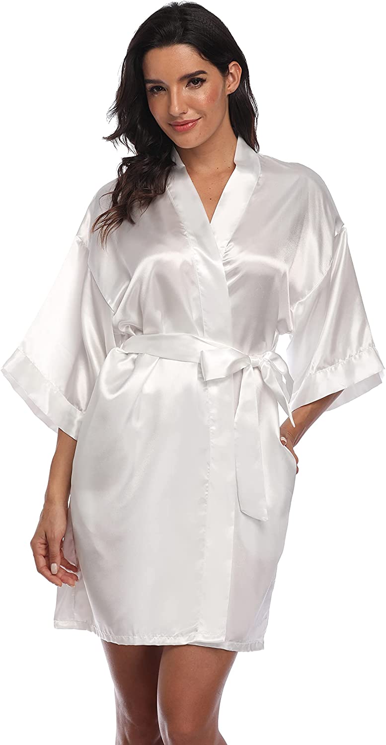 Price:$7.99 Women Silk Satin Short Bathrobes V-neck Pure Color Sleepwear Wedding Bridesmaid Bride Party Robe S-2XL at Amazon Women’s Clothing store
