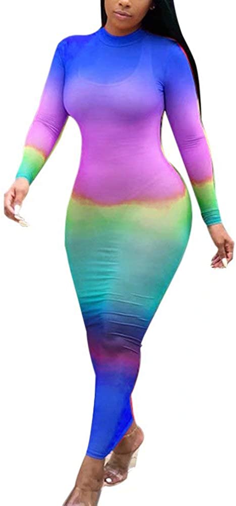 Price:$9.99 Women Sexy Long Sleeve Rainbow Sheer Mesh Bodycon Bikini Cover Up Dress at Amazon Women’s Clothing store