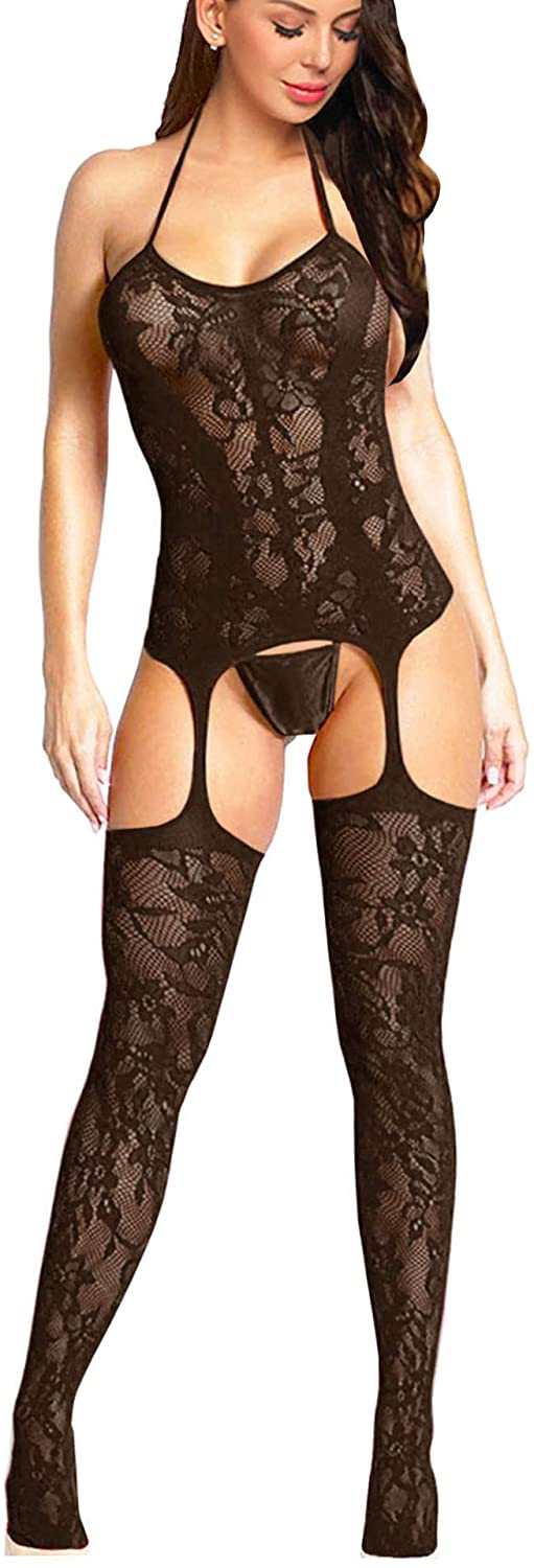 Price:$10.98 Women's Trinidad Halter Garter Dress with Attached Stockings, Sexy Lingerie Babydoll Bodysuit Chemise Nightwear: Clothing, Shoes & Jewelry
