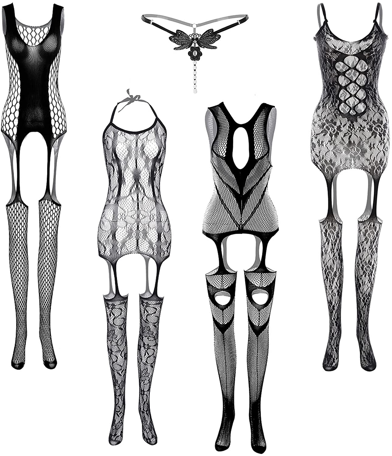 Price:$16.99 5PCS Body Stockings for Women Sexy Fishnet Lingerie Lace Floral Crotchless Suspenders Mesh Bodysuit Pantyhose Nightwear Party Date Wearing Black: Clothing, Shoes & Jewelry