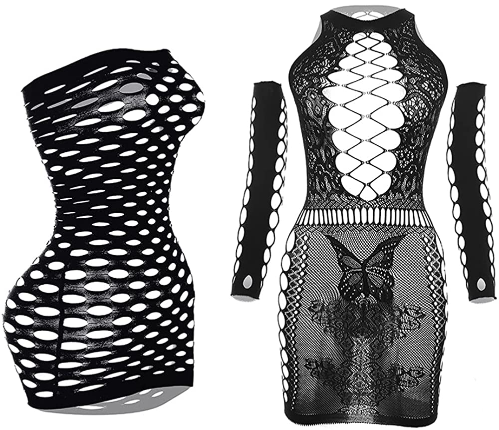 Price:$9.99 Set of 2 Women’s Mesh Lingerie Lace Chemise Nightgown Free Size Sexy Bodysuit Dress Fishnet Bodystocking Sheer Sleepwear Black, L: Clothing, Shoes & Jewelry