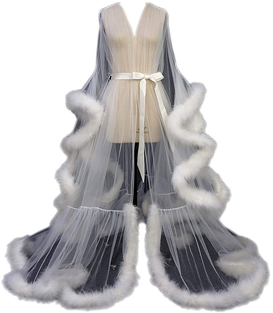 Price:$119.00 Hollywood Feather Robe Sexy Boudoir Robe Feather Bridal Robe Tulle Illusion Long Wedding Scarf New Custom Made at Amazon Women’s Clothing store