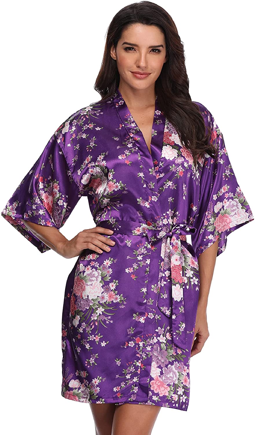 Price:$7.99 Short Floral Kimono Robe Satin Wedding Bathrobe Bridal Dressing Gown Bride Bridesmaid Sleepwear : Clothing, Shoes & Jewelry
