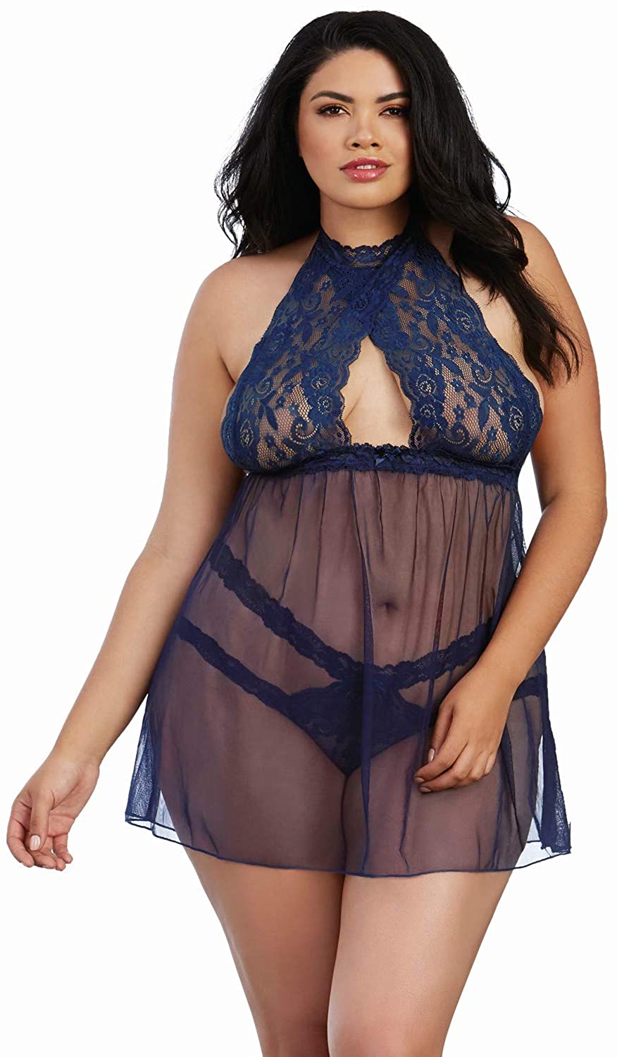 Price:$31.00 Women's Plus Stretch Lace and Mesh Babydoll with Matching Panty, Midnight, One Size-Queen: Clothing, Shoes & Jewelry