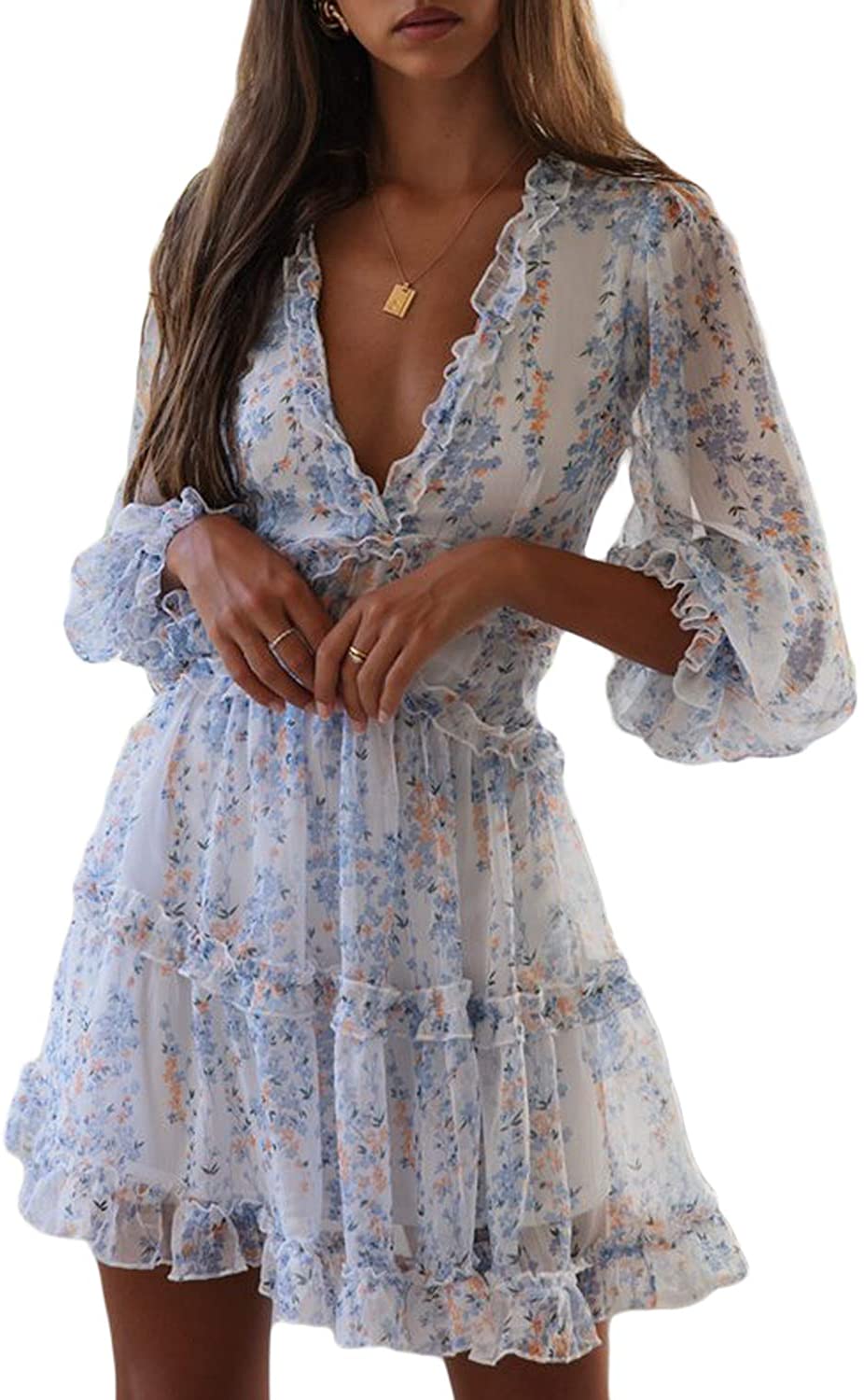 Price:$5.99 Women Sexy V Neck Long Sleeve Open Back Printed Mini Short Dresses(S-XL) at Amazon Women’s Clothing store