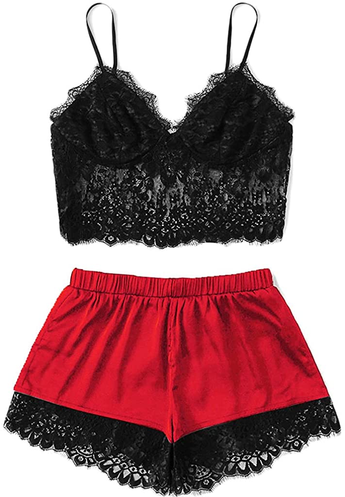 Price:$29.99 Lu! Women Sexy Lingerie Pajamas Set Lace Top with Satin Shorts 2 Piece Red and Black Straps at Amazon Women’s Clothing store
