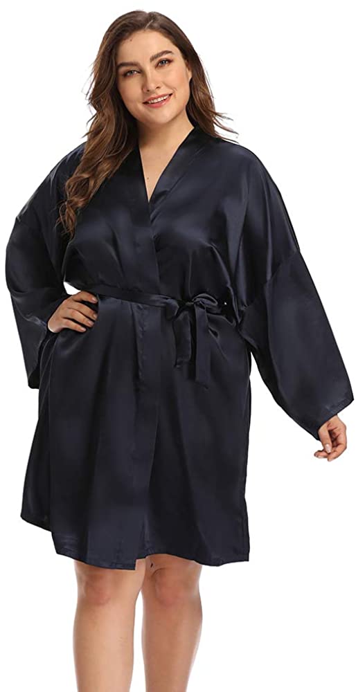 Price:$12.99 Plus Size Short Satin Kimono Robes Sleepwear Bathrobes Silky Dressing Gown at Amazon Women’s Clothing store