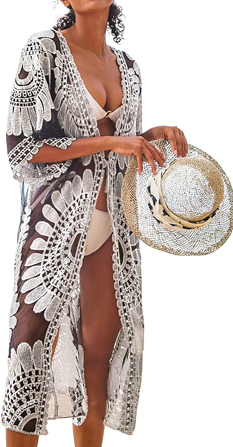 Price:$57.98 Women's Solid Black V Neck Mesh One Piece Swimsuit Lace Sheer Cardigan Floral Crochet Cover Up at Amazon Women’s Clothing store