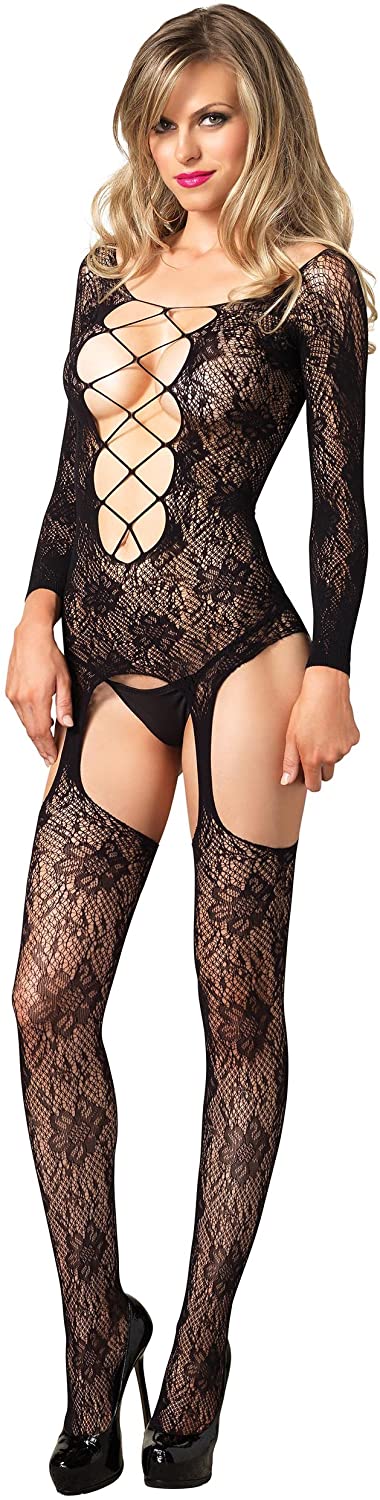 Price:$18.98 Avenue Women's Floral Lace Suspender Bodystocking, Black, One Size: Clothing, Shoes & Jewelry