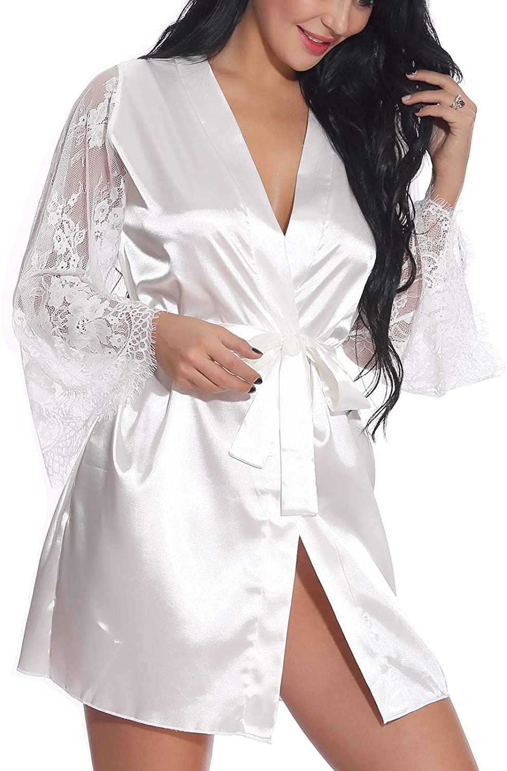 Price:$15.81 Women's Bride Robe with Lace Sleeves Short Satin Bridesmaid Kimono Robes for Wedding Party at Amazon Women’s Clothing store