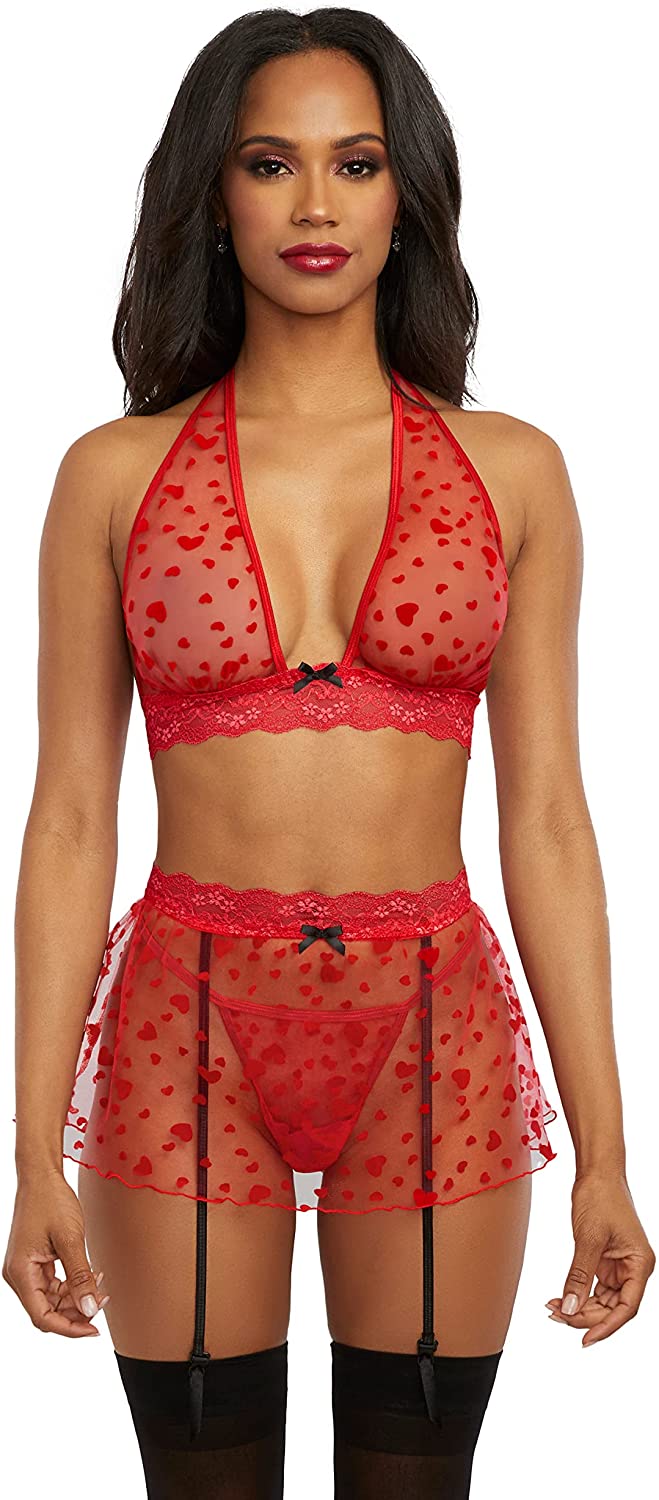 Price:$31.00 3-Piece Scattered Flocked Heart Mesh Bralette & Skirt Set with Lace Trim & Bow Detail: Clothing, Shoes & Jewelry