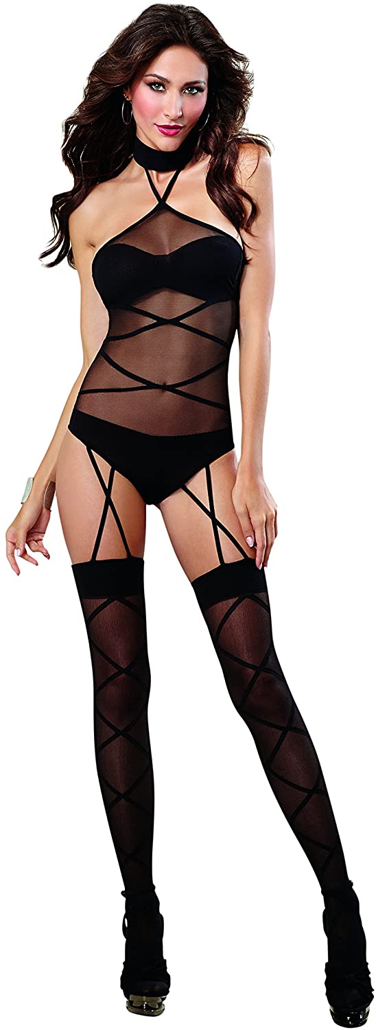 Price:$28.00 Women's Sheer Teddy Bodystocking with Opaque Knitted Bra and Panty, Black, One Size: Clothing, Shoes & Jewelry
