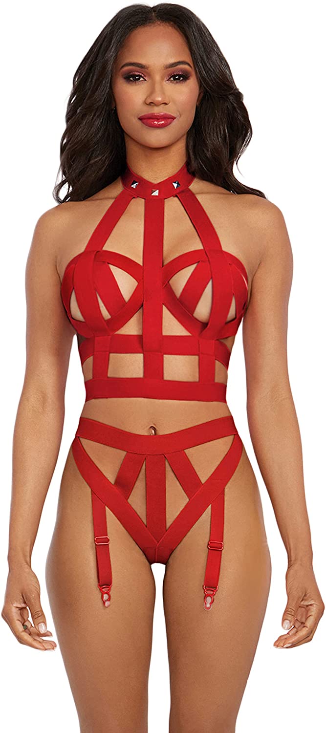 Price:$30.88 Strappy Elastic Bralette & Garter Panty Set with Studded Collar & Back Neck Closure: Clothing, Shoes & Jewelry