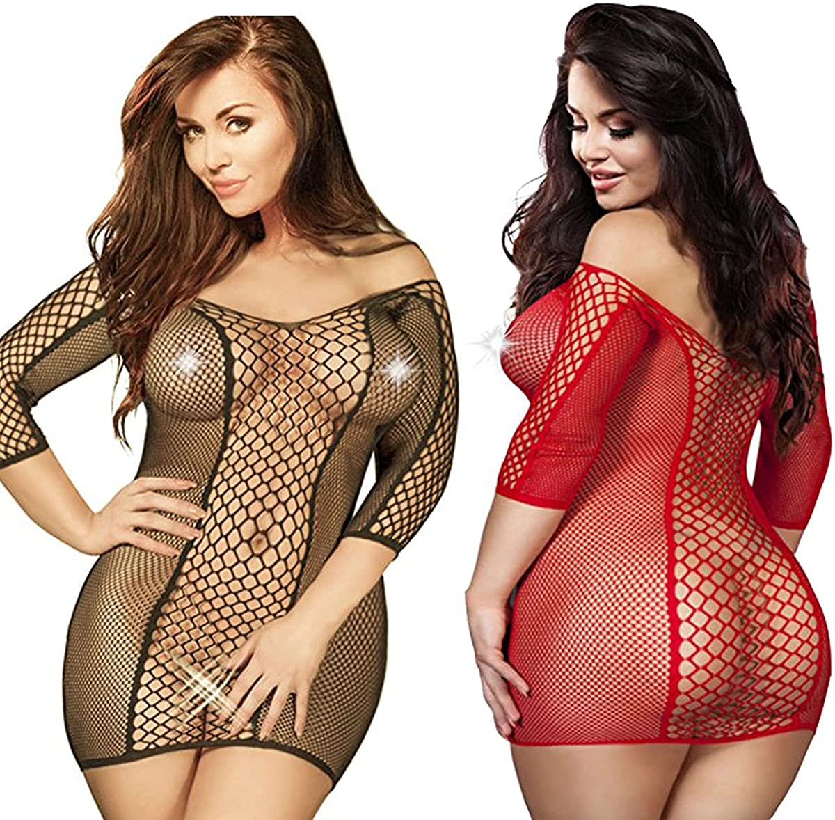 Price:$16.99 Pack Plus Size Women's Seamless Fishnet Chemise Sexy Lingerie Mesh Hole Full Length Sleeves Babydoll (Black+red): Clothing, Shoes & Jewelry