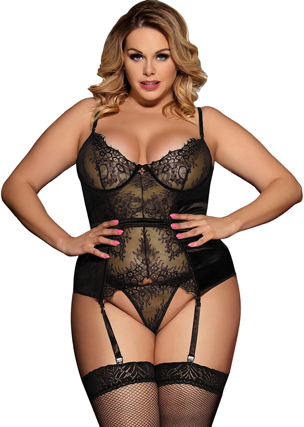 Price:$17.50 Lies Sexy Corset Lingerie and Garter Set Plus Size Push Up Underwire Bra: Clothing, Shoes & Jewelry