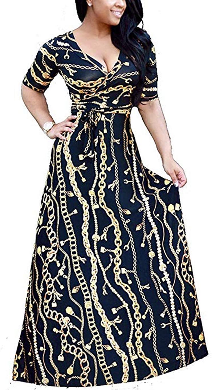Price:$18.99 Women's V Neck 3/4 Sleeve African Floral Printed Party Loose Long Maxi Dress with Belt S-3XL at Amazon Women’s Clothing store