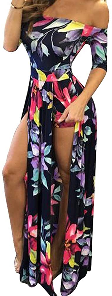 Price:$13.29 Split Maxi Dress High Elasticity Floral Print Short Jumpsuit Overlay Skirt for Summer Party Beach S-5X : Clothing, Shoes & Jewelry
