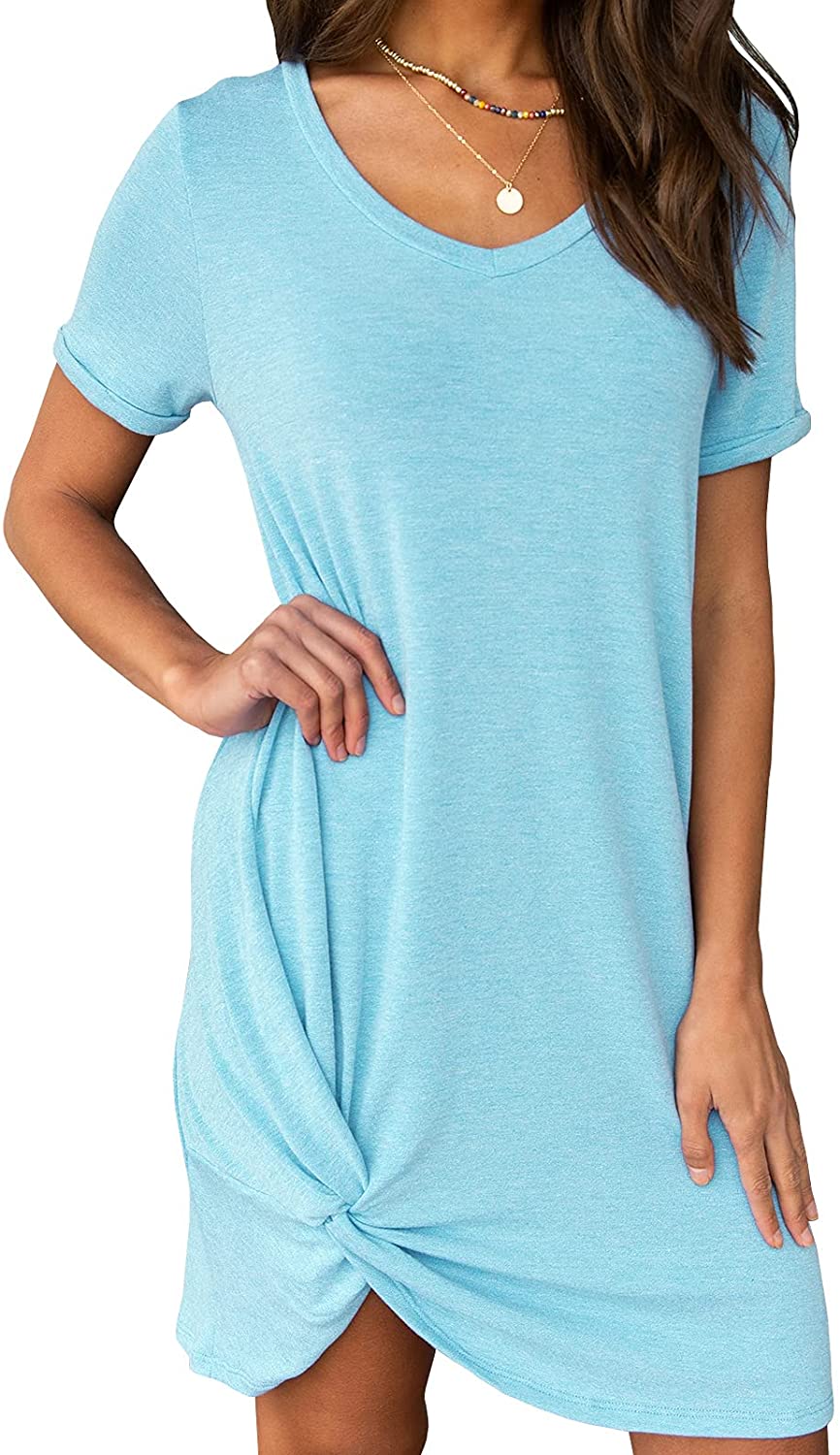 Price:$19.99 Women's Summer Twist Knot Tshirt Dresses Casual V Neck Short Sleeve Side Knot Dress at Amazon Women’s Clothing store