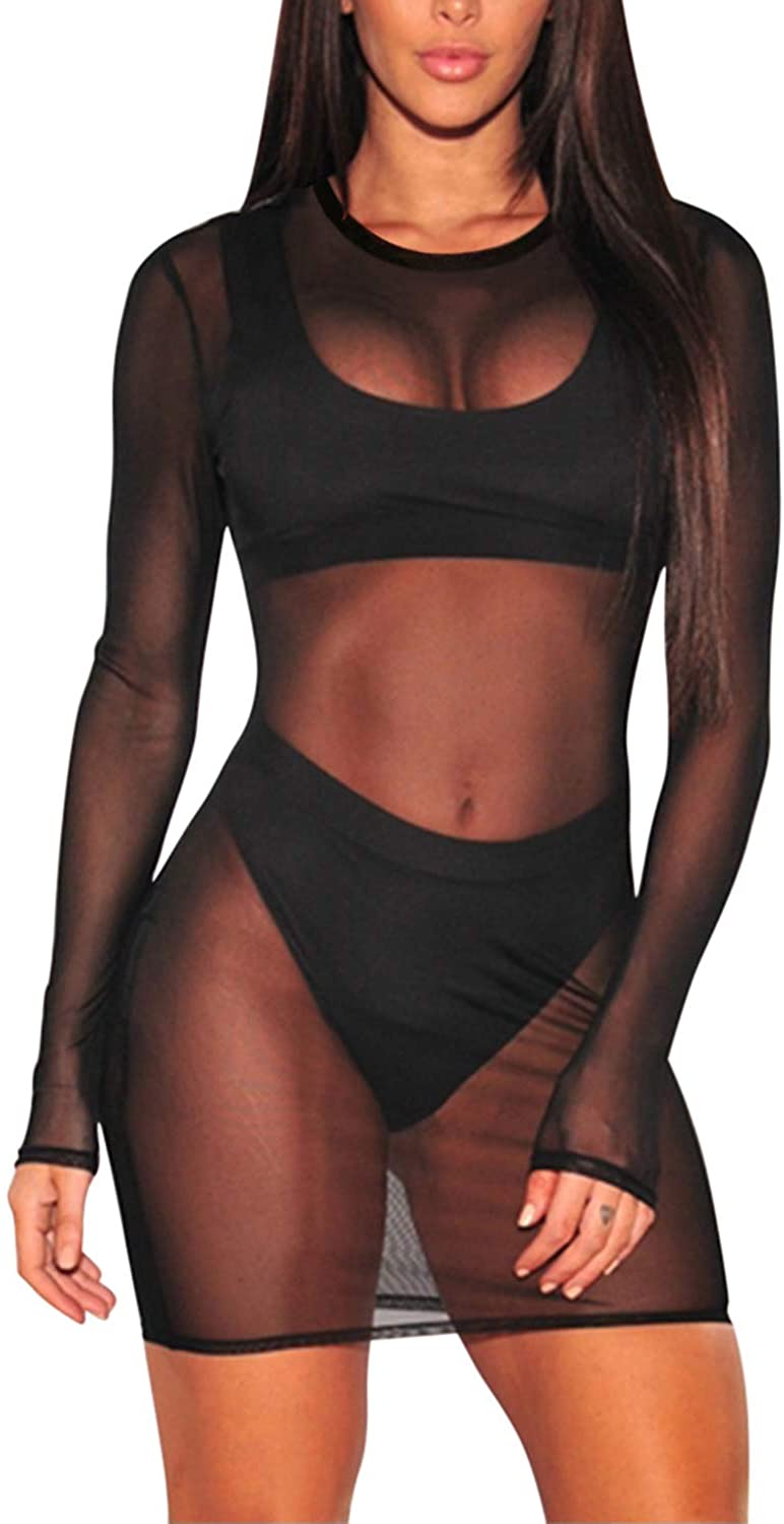 Price:$13.99 Women's Sheer Mesh Long Sleeve Beach Cover Up Dress at Amazon Women’s Clothing store