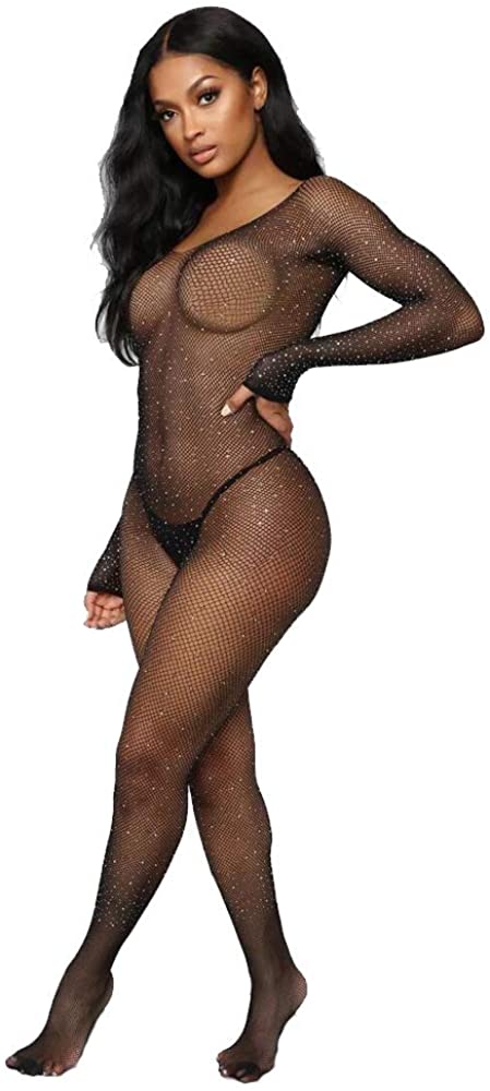 Price:$15.66 Women's Fishnet Lingerie Sparkly Rhinestone Lingerie Sexy Teddy Bodysuit Long Sleeve Crystal Mesh Chemise Bodystocking: Clothing, Shoes & Jewelry