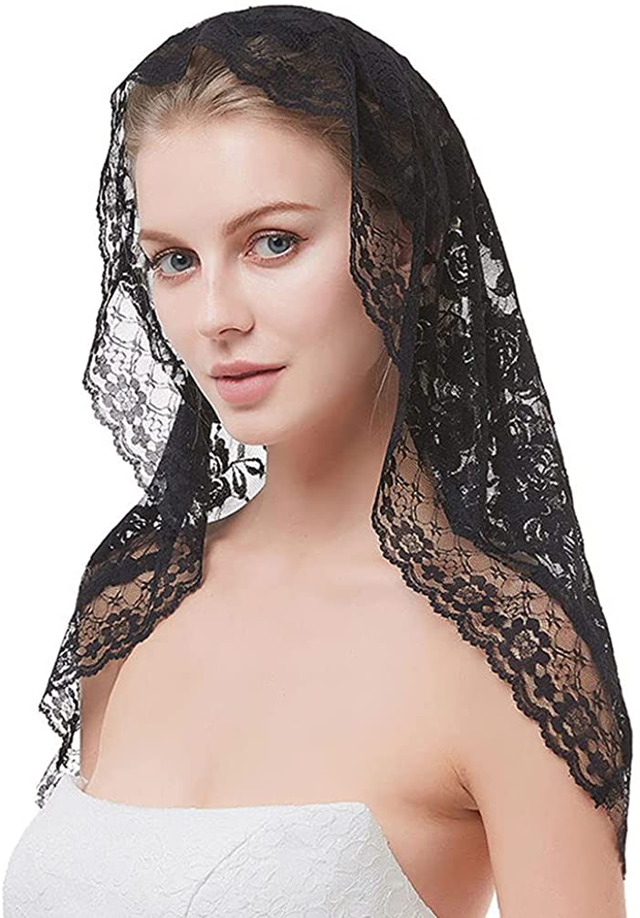 Price:$14.88 1 Tier Floral Lace Bridal Veil Wedding Head Covering Latin Mass Mantilla Cathedral Short Scarf Tulle Hair Accessorries (08-Black, One Size) : Clothing, Shoes & Jewelry