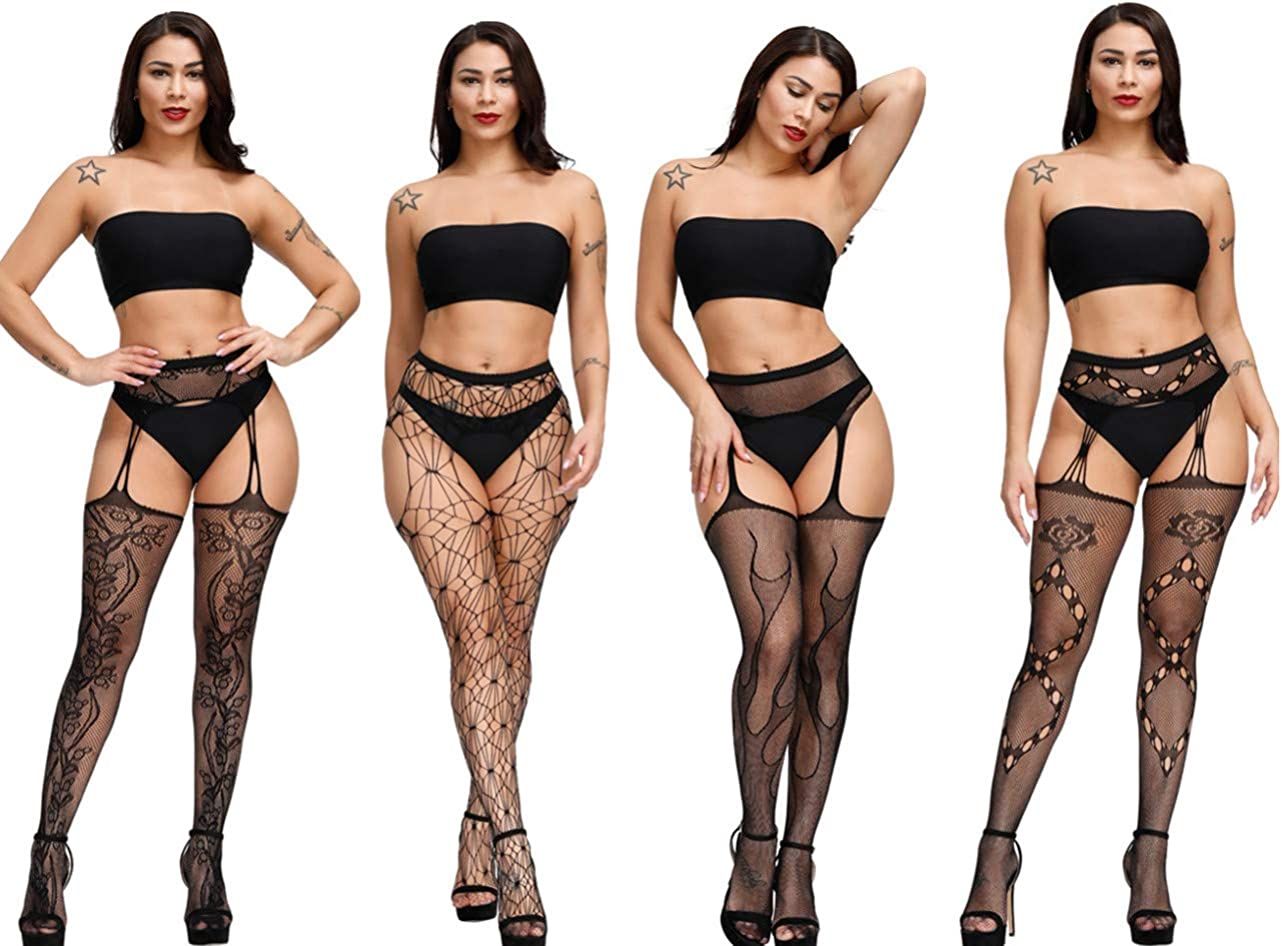 Price:$14.99 4 Pair Womens Sexy Fishnet Stocking Mesh Tights Pantyhose Thigh High Stockings (4 Pair Black5) at Amazon Women’s Clothing store