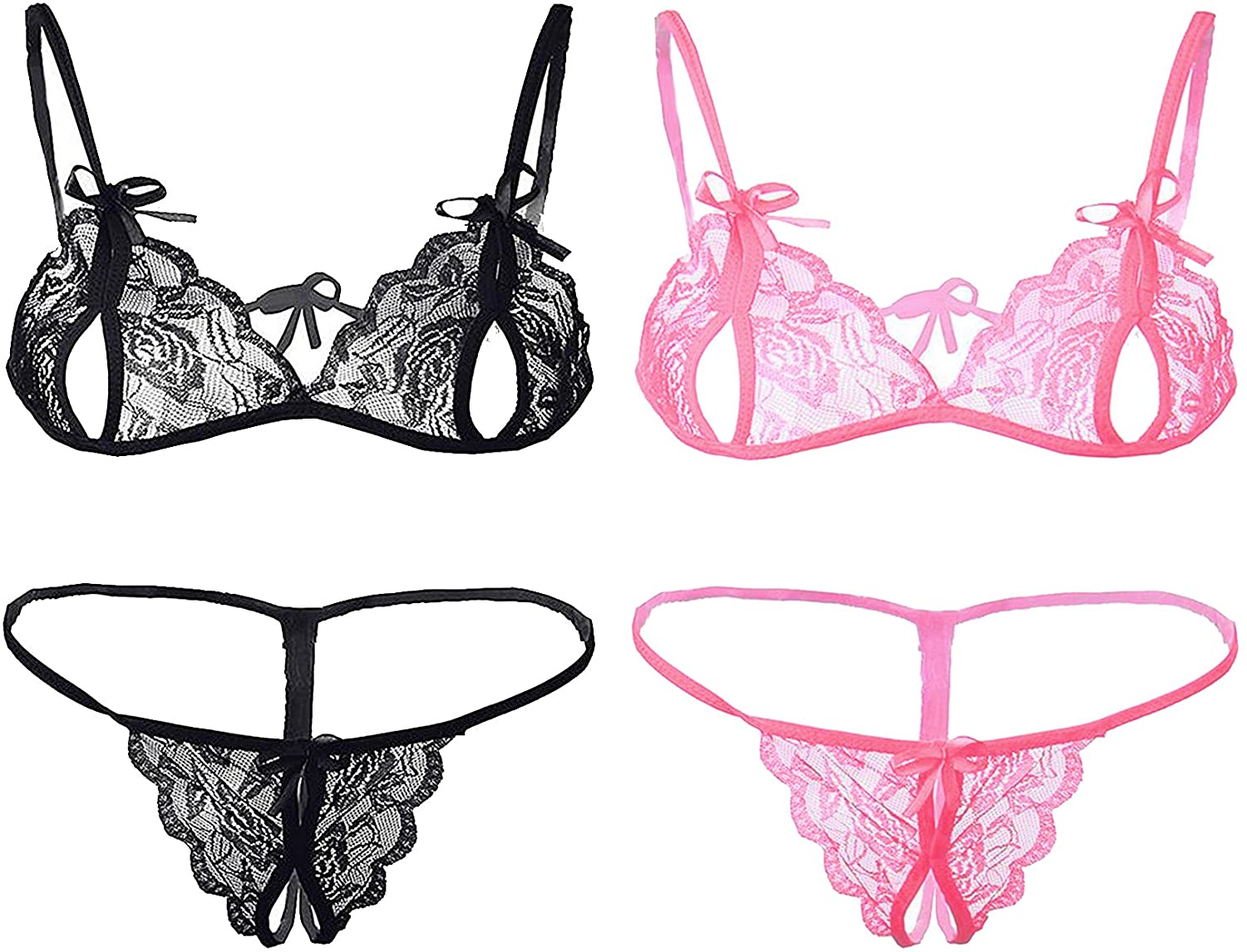 Price:$13.99 and Os Women's Pack of 2 Honeymoon Sexy Babydoll Lingerie Set Lace Bra with Crotchless Lace G String Panty (Black, Pink): Clothing, Shoes & Jewelry