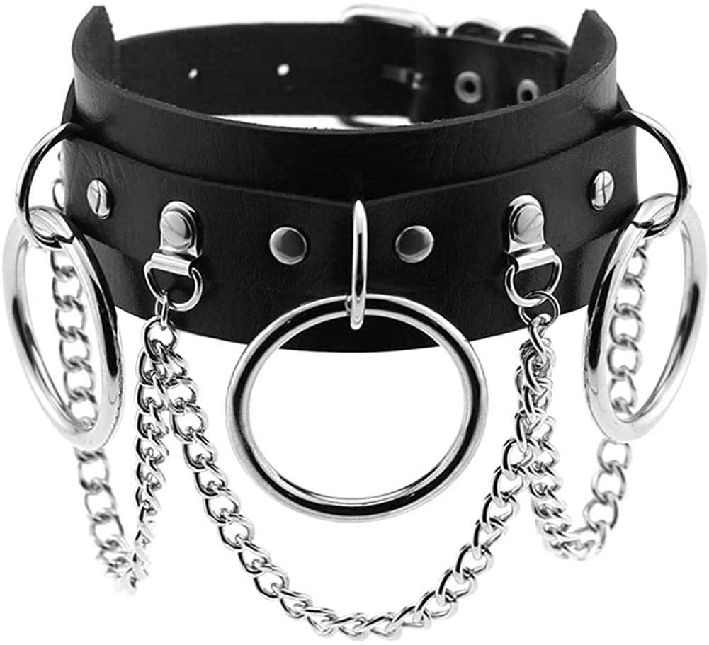 Price:$21.00 Choker Collar Necklace Punk Rock Gothic Black Leather Big O-Round Chain Silver Adjustable Charms Fashion Jewelry for Women Girls : Clothing, Shoes & Jewelry