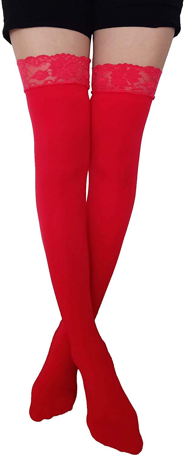 Price:$9.99 Women's Opaque Thigh High Stockings with Anti-fall Lace Top - Hold Up Nylon Pantyhose 100 Den (One Size, Red) at Amazon Women’s Clothing store
