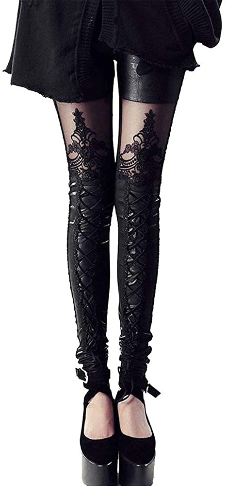 Price:$19.59 Gothic Leggings for Women Lace Leggings Stitching Pattern Stretch Embossed Decorative Lace up Ties Below The Knee : Clothing, Shoes & Jewelry
