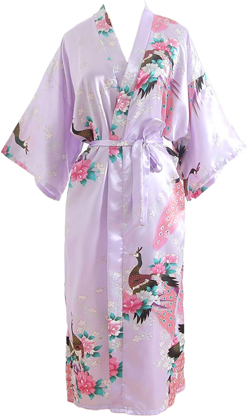 Price:$18.99 COUPLE Women's Kimono Robe Peacock Blossoms Printed Nightgown Sleepwear Chest 50" Length 49" Silky Party Robe Lilac at Amazon Women’s Clothing store