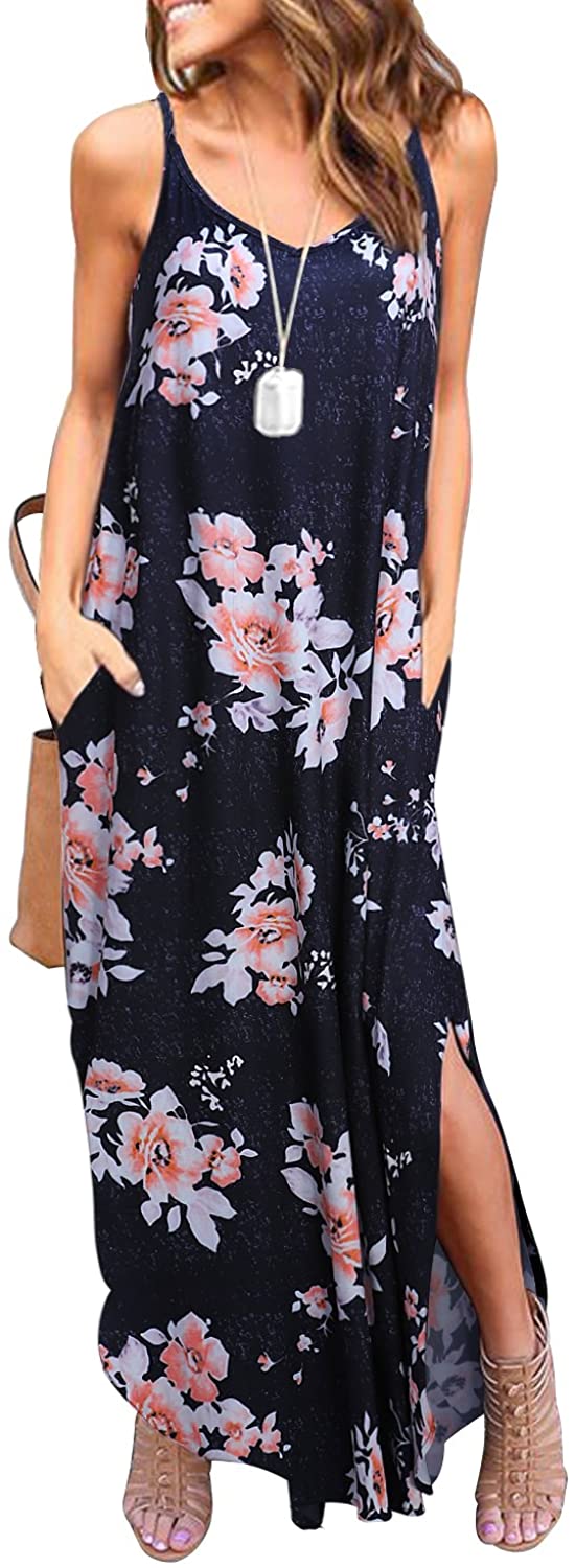 Price:$16.99 Women's Summer Casual Sleeveless V Neck Strappy Split Loose Dress Beach Cover Up Long Cami Maxi Dresses with Pocket at Amazon Women’s Clothing store
