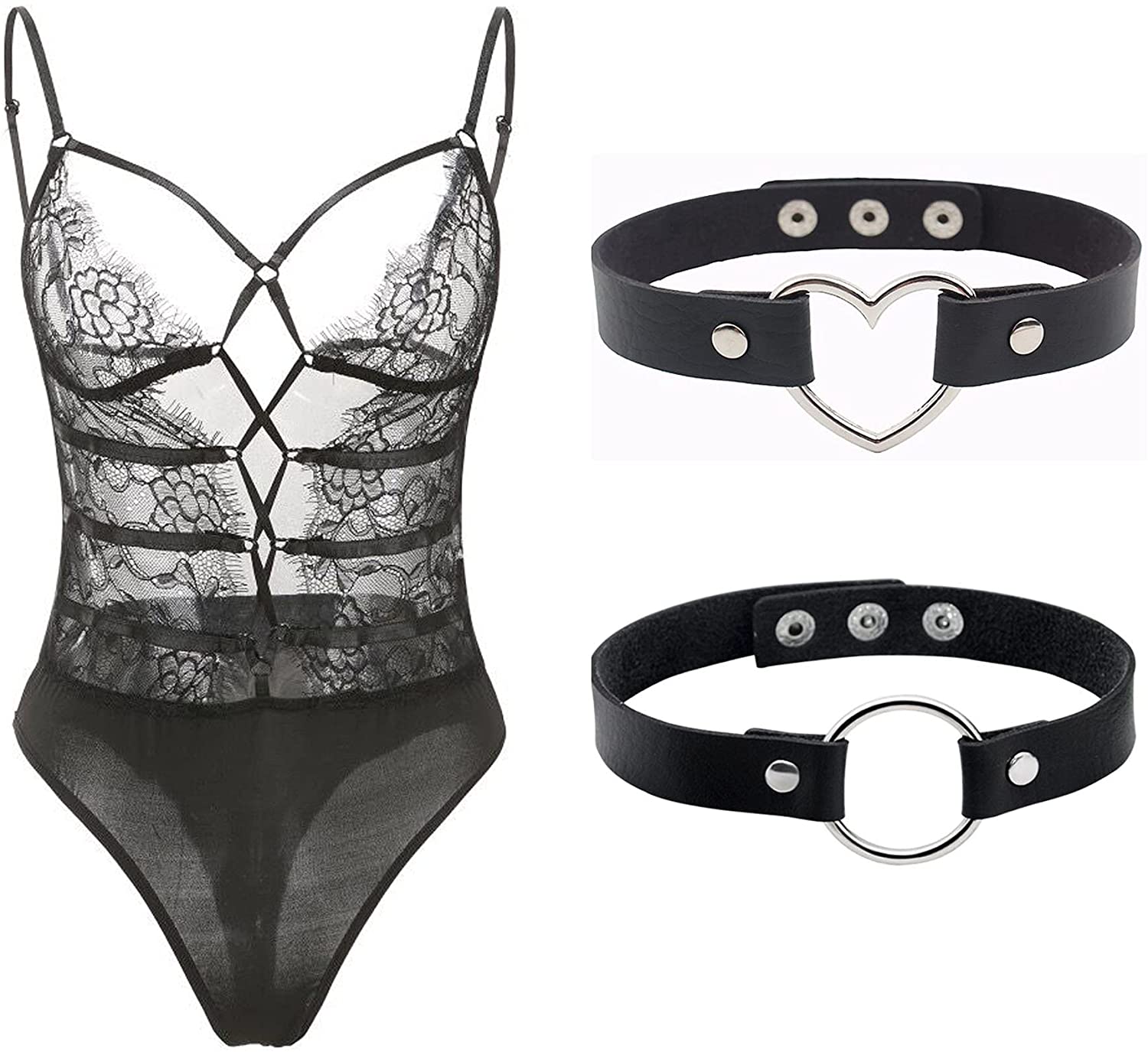 Price:$16.99 Gothic Bodysuit Halloween Costume Aesthetic Sexy Bodysuit Lingerie Nightwear with 2 pcs PU Leather Chokers for Woman: Clothing, Shoes & Jewelry