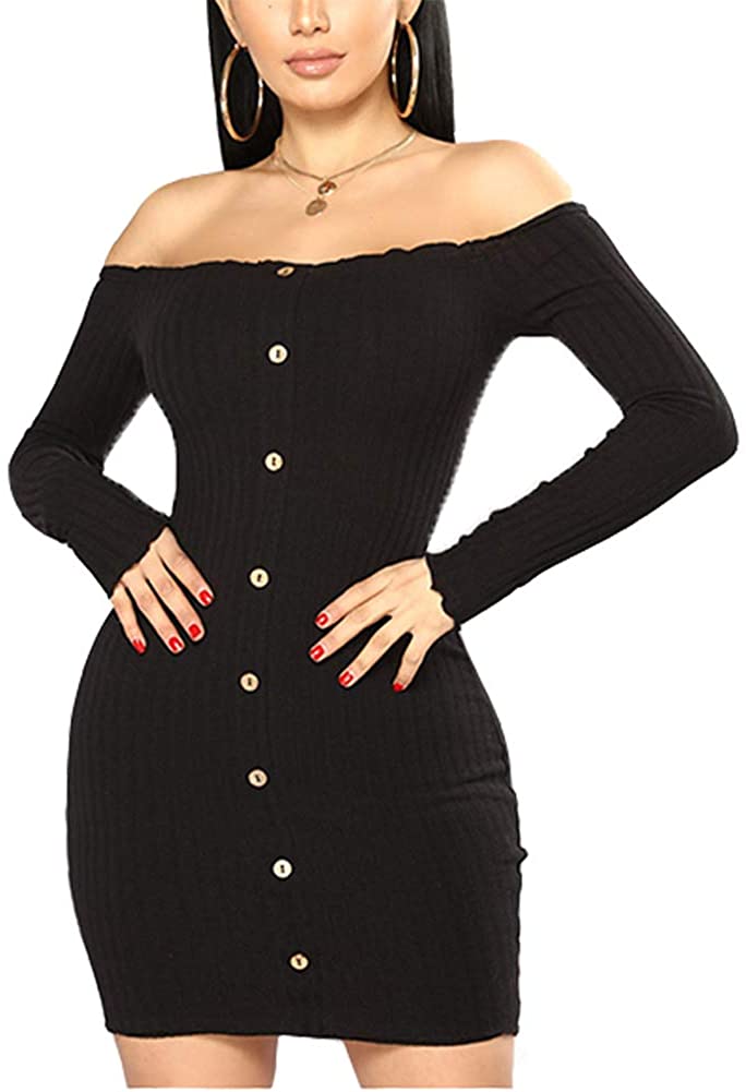 Price:$13.29 Women's Off The Shoulder Ruched Long Sleeve Ribbed Bodycon Buttons Sexy Mini Dress : Clothing, Shoes & Jewelry