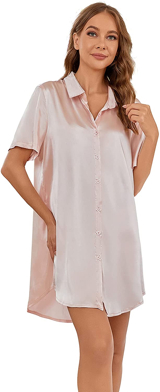Price:$32.11 Sleepwear Women's Nightgown Short Sleeve Button Down Sleep Shirt Boyfriend Pajama Dress at Amazon Women’s Clothing store