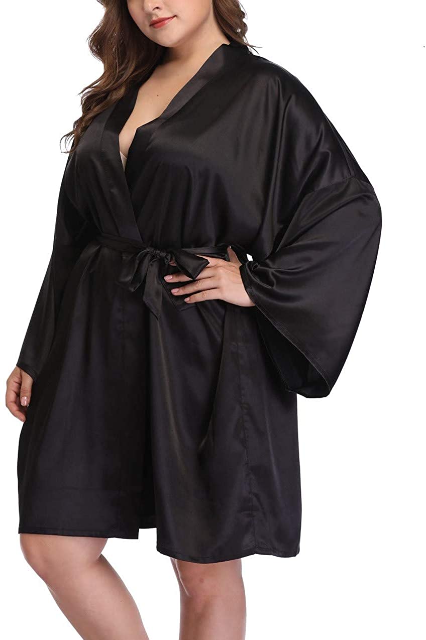Price:$14.99 Plus Size Silky Robes Pure Color Short Satin Bathrobes for Wedding at Amazon Women’s Clothing store