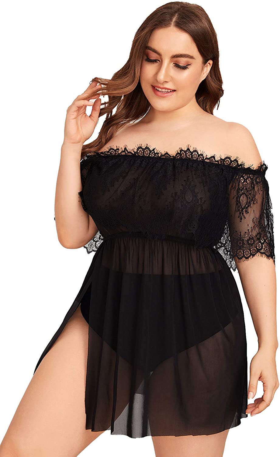 Price:$18.99 Women's Sexy Off Shoulder Contrast Lace Mesh Lingerie Chemise Babydoll Sleepwear at Amazon Women’s Clothing store