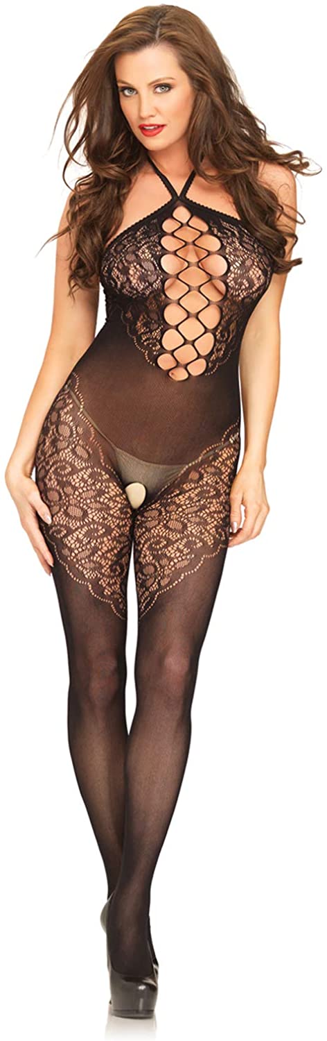 Price:$16.76 Avenue Women's Seamless Opaque Halter Bodystocking with Lace and Net Panel, Black, O/S : Clothing, Shoes & Jewelry