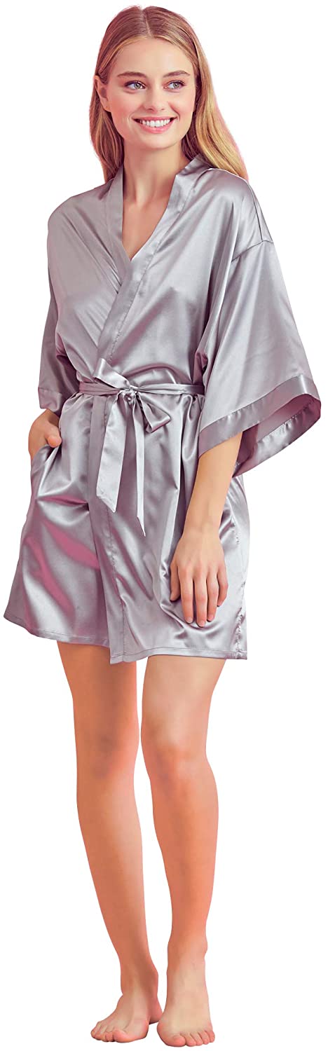 Price:$18.99 Touch Linen Women's Short Satin Robe (Large, Grey) at Amazon Women’s Clothing store