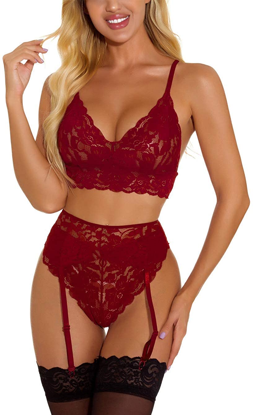 Price:$21.98 Waisted Lace Bra and Panty Sets (Red - Large)&Thigh Stockings for Women(Black - One Size) at Amazon Women’s Clothing store