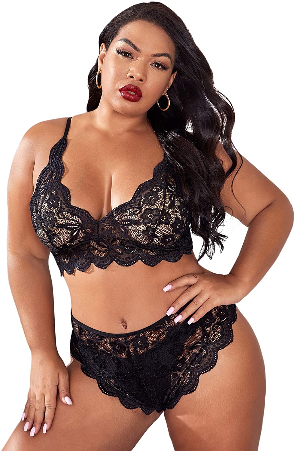 Price:$12.99 HUX Women's Plus Size Floral Lace Scalloped Trim Lingerie Set Bra and Panty at Amazon Women’s Clothing store