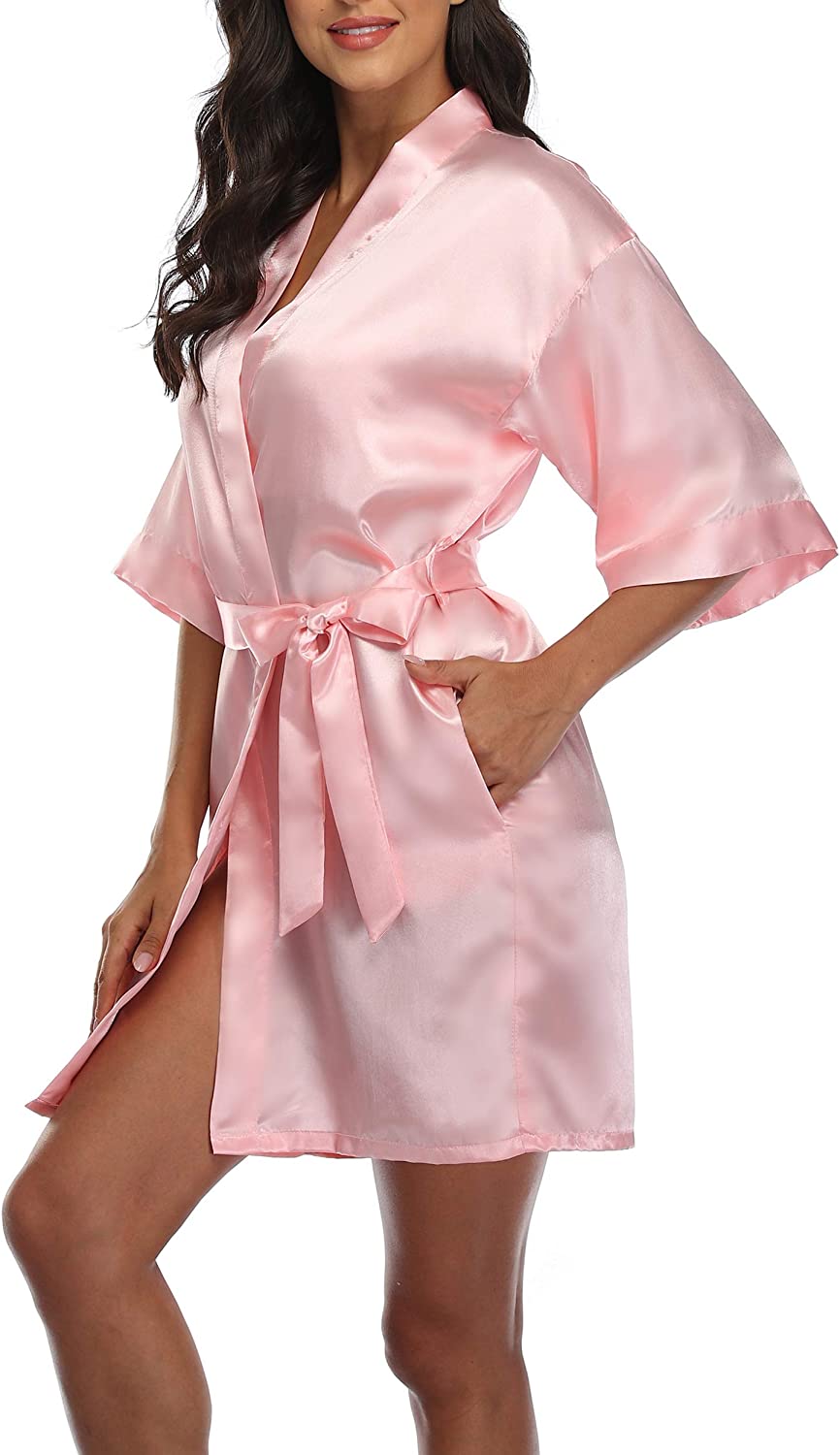 Price:$8.99 Short Satin Kimono Robe Bride Bridesmaid Robes Silky Bathrobe Sleepwear for Wedding Bridal Party at Amazon Women’s Clothing store