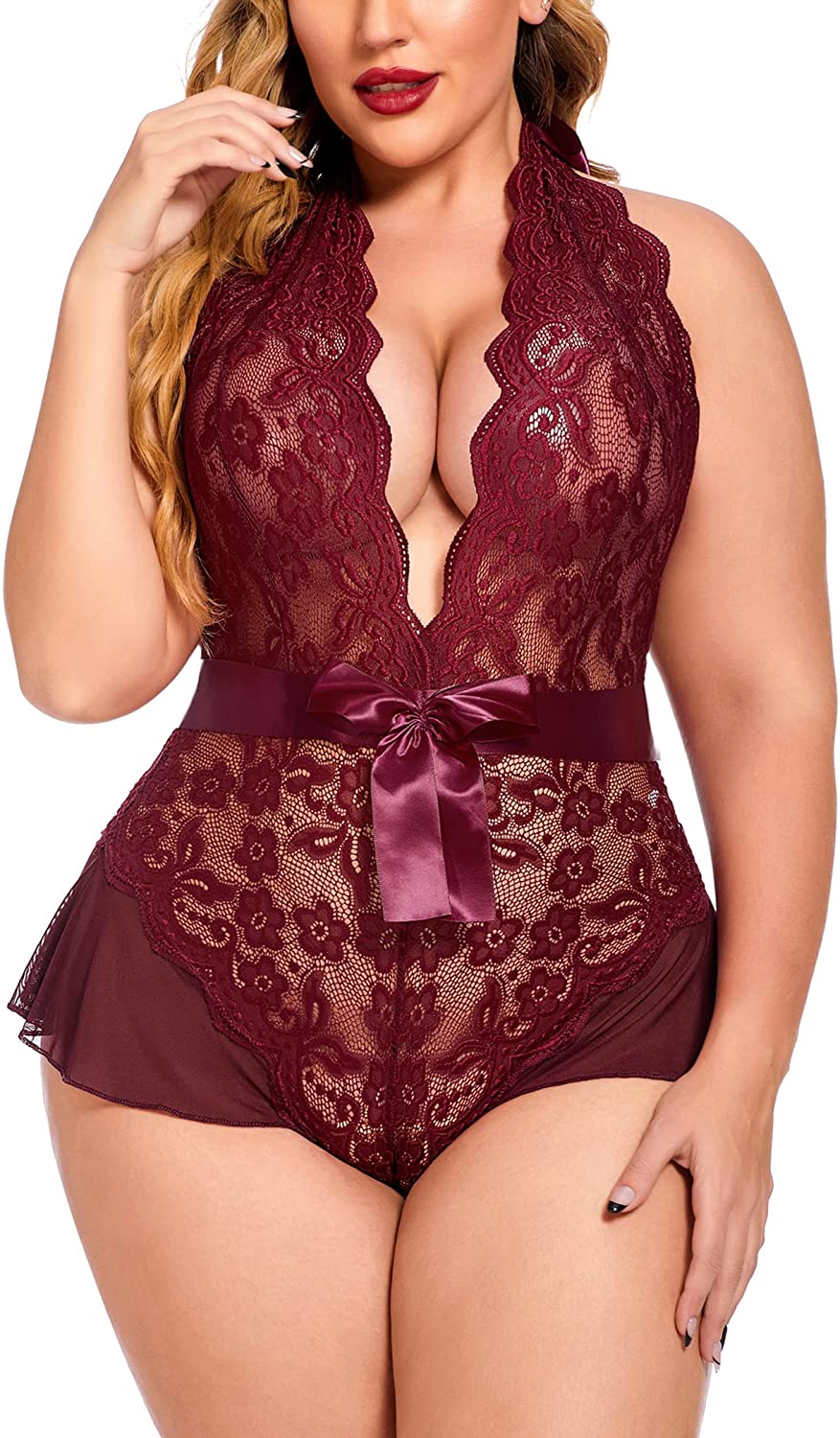 Price:$15.88 Plus Size Lingerie for Women Deep V Neck Teddy Lingerie Halter Lace Bodysuit Babydoll at Amazon Women’s Clothing store