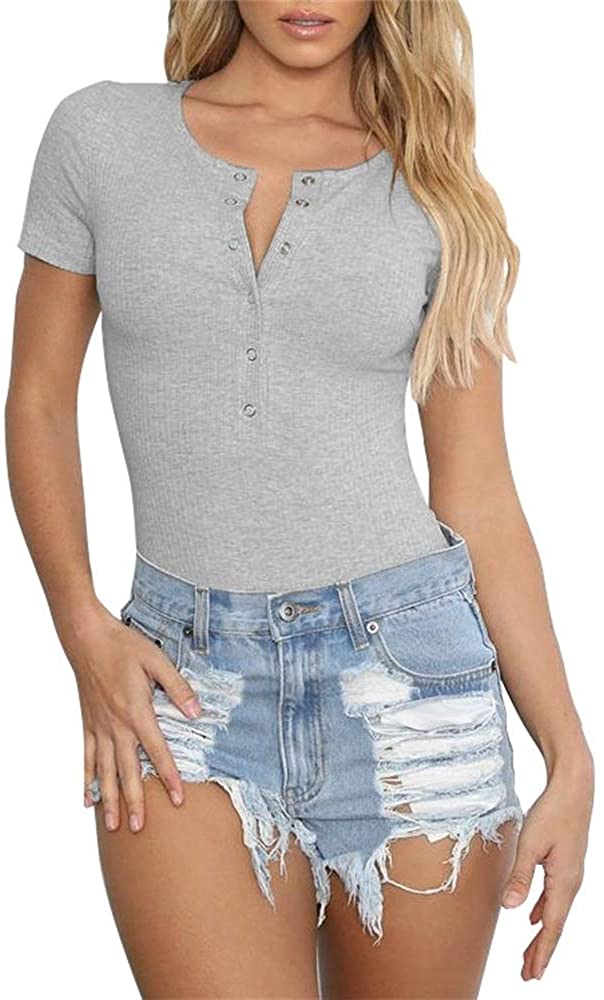 Price:$19.99 Women Short Sleeves Henley Neck Button Down Bodysuit Ribbed Knit Thong Basic Leotard Top at Amazon Women’s Clothing store