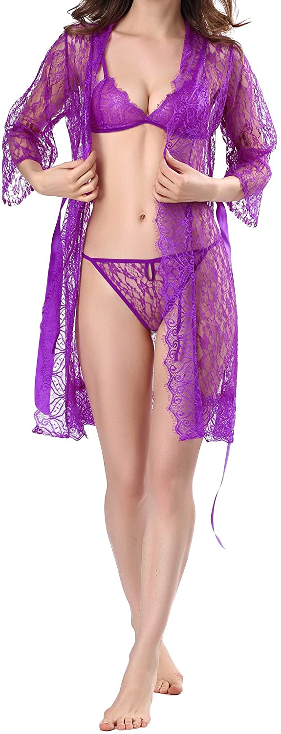 Price:$8.99 Women Lingerie Lace Long Robe Bra and Panty Kimono Sleepwear Babydoll Lingerie Set 4 Pcs at Amazon Women’s Clothing store