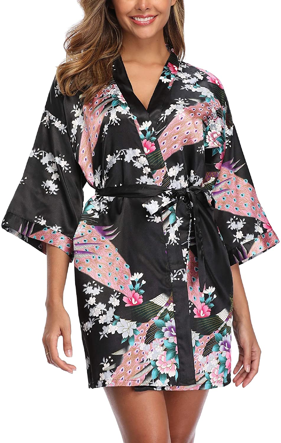 Price:$9.99 Satin Kimono Robes Peacock and Blossoms Printed Bridesmaid Wedding Nightgown Sleepwear at Amazon Women’s Clothing store