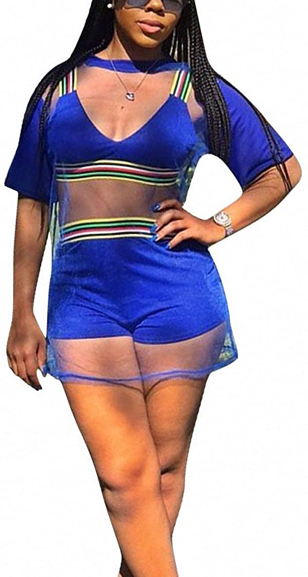 Price:$30.99 Women Short Sleeve 3 Piece Outfits Rompers Strap Stripe Crop Top Shorts Set with Mesh Cover Up Shirt : Clothing, Shoes & Jewelry