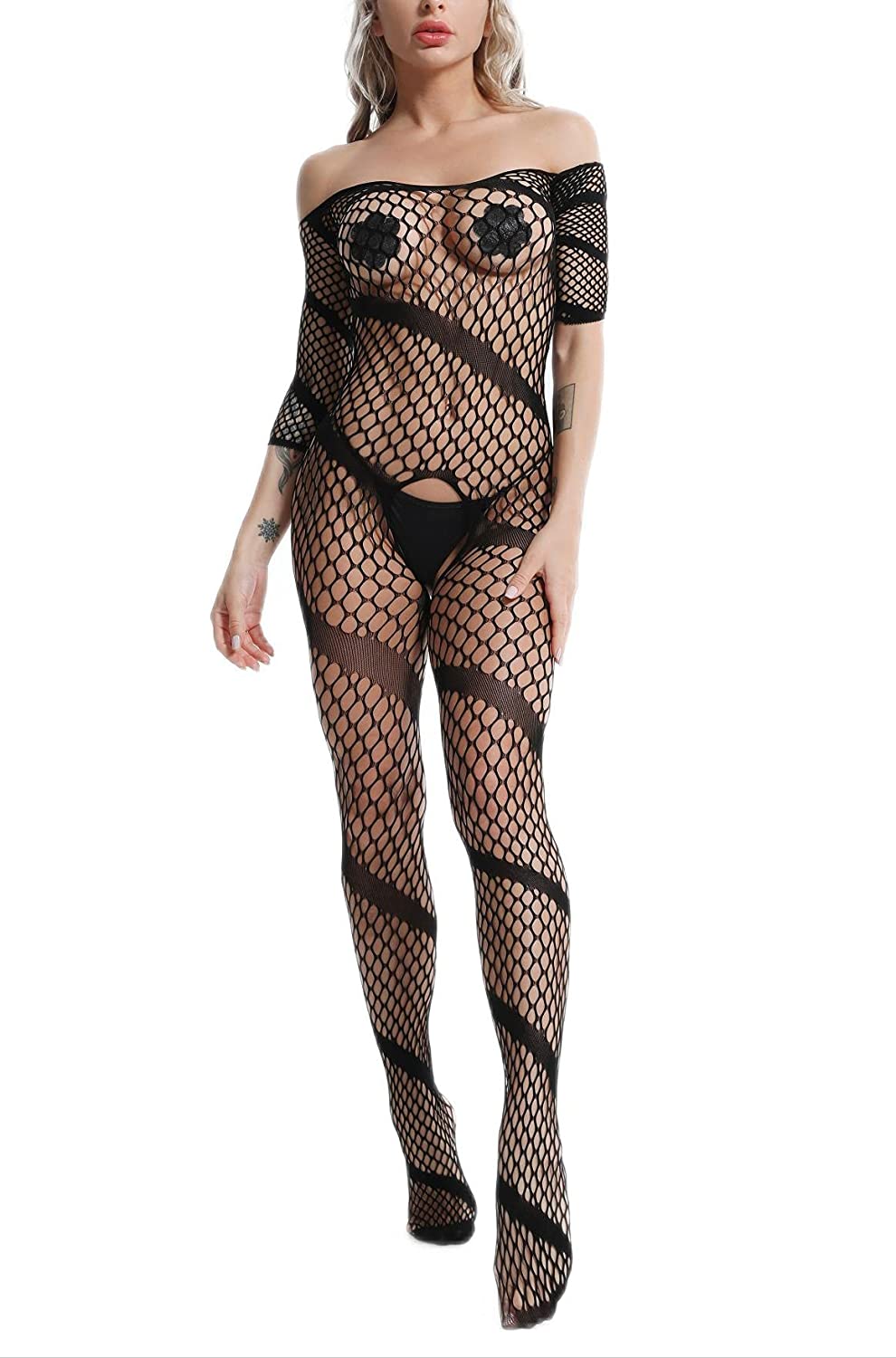 Price:$18.99 Dolcetto Women Lace Lingerie Mesh Hole Bodystockings One Piece Black Bodysuit: Clothing, Shoes & Jewelry