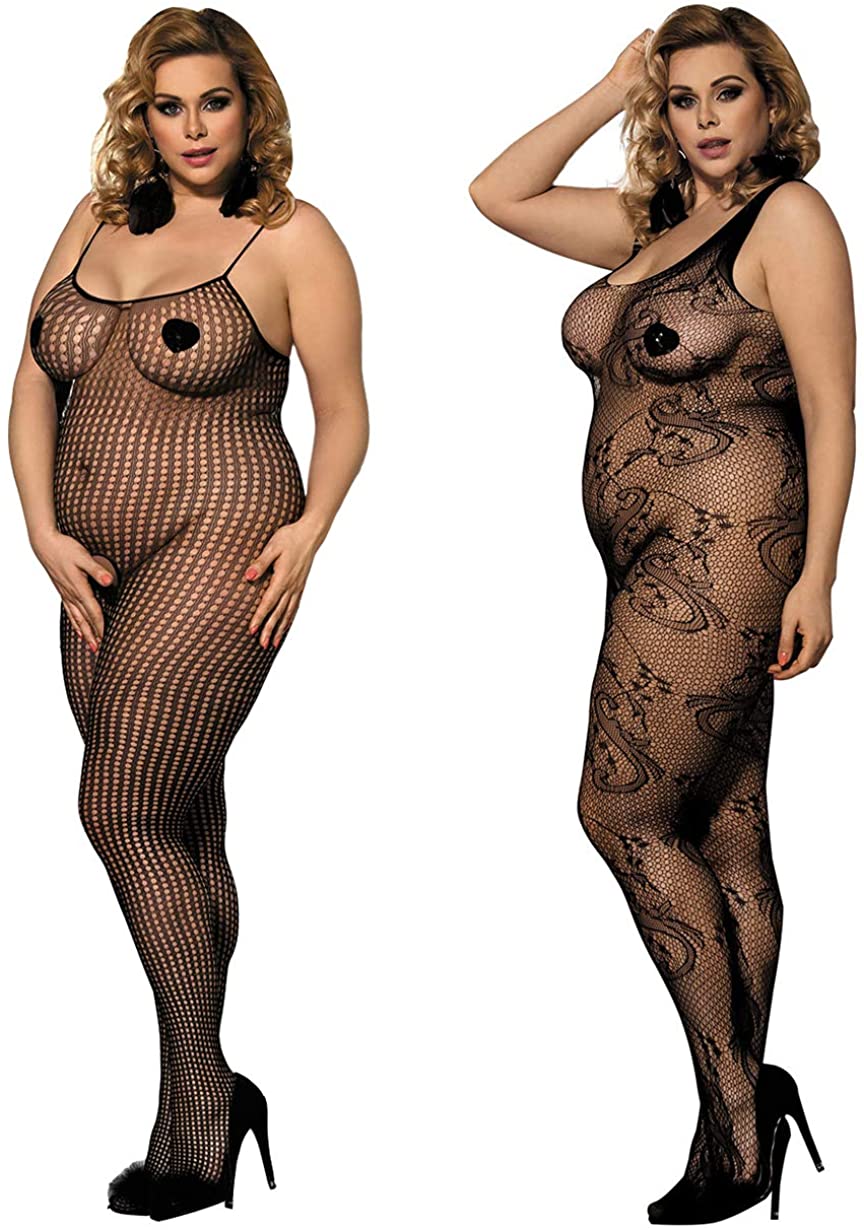 Price:$15.99 2 Pack Womens Plus Size Fishnet Bodystockings Striped Lingerie Crotchless Bodysuits Tights Suspenders Black: Clothing, Shoes & Jewelry