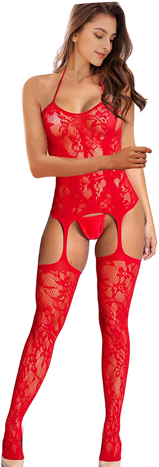Price:$9.98 Fishnet Teddy Halter Garter Dress with Attached Stockings, Sexy Lingerie Babydoll Bodysuit Chemise Nightwear Red: Clothing, Shoes & Jewelry